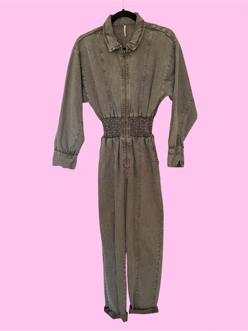 Young Fabulous & Broke Washed Gray Denim Smocked-Waist Jumpsuit